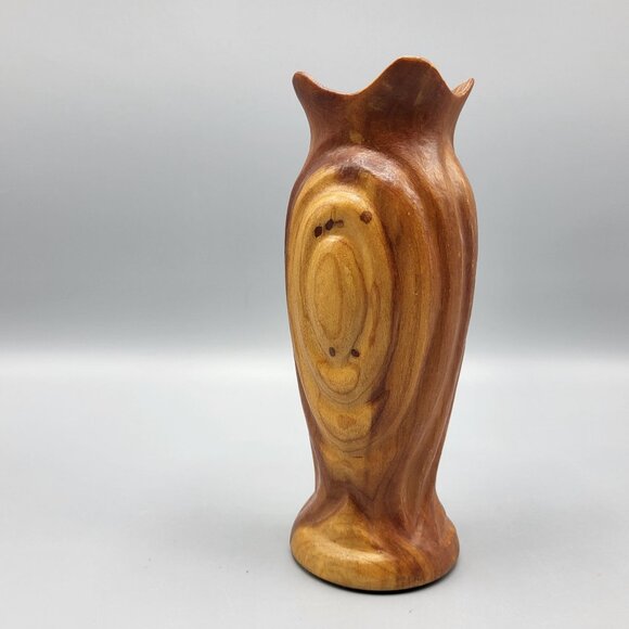 Vtg Handcrafted Carved Cherry Wood Folk Art Vase Les Smith Home Decor 6.75" - Picture 8 of 11